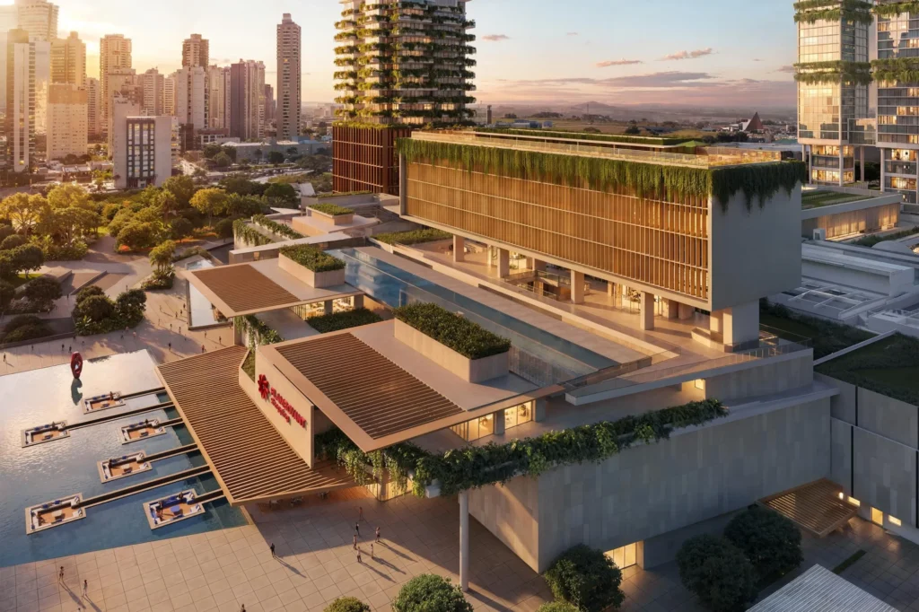 Complexo multiuso da expansão do Flamboyant Shopping com torres e áreas verdes