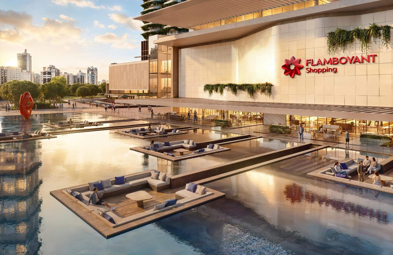 Render oficial da expansão do Flamboyant Shopping em Goiânia, com espelho d'água e lounges