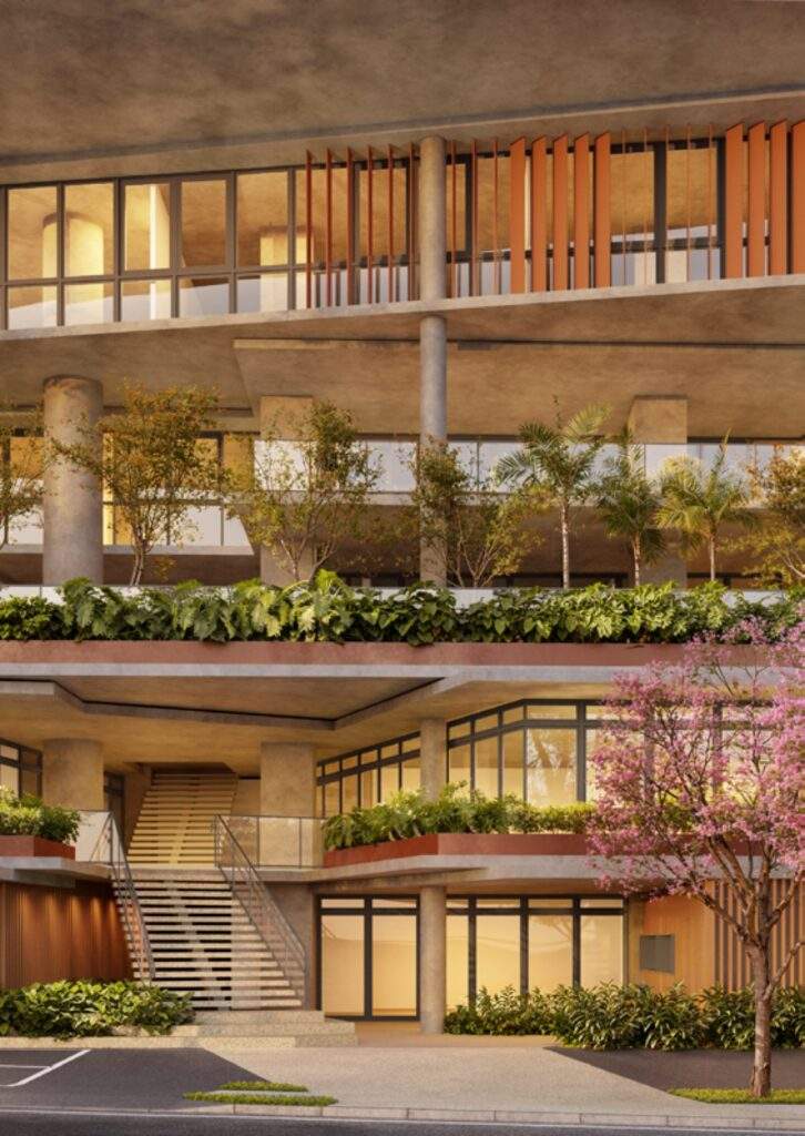 Embasamento do Tempo Flamboyant Residencial com praça aberta e fachada ativa