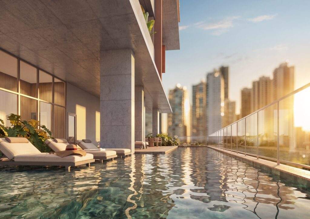 Piscina com vista para o skyline de Goiânia no Tempo Flamboyant Residencial