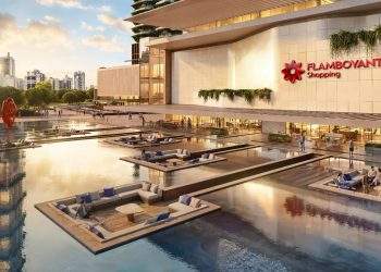 Render oficial da expansão do Flamboyant Shopping em Goiânia, com espelho d'água e lounges
